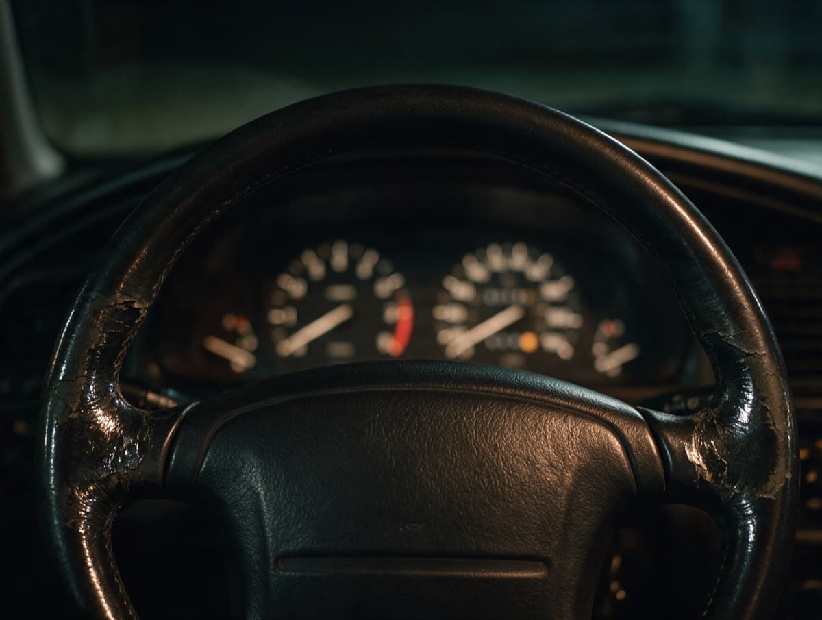 A steering wheel worn shiny and cracked, in front of the instrument cluster