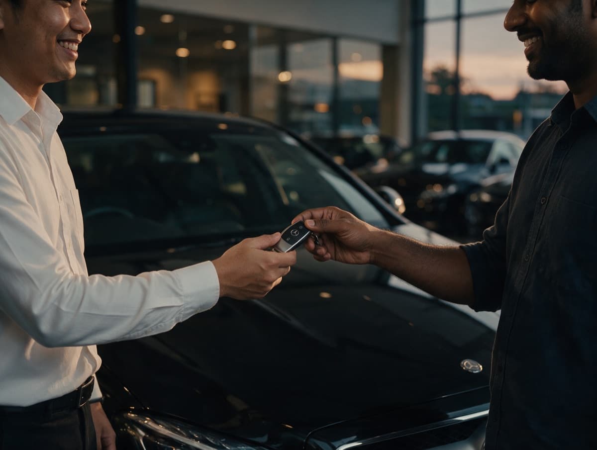A salesman handing a Mercedes key to a buyer at a used-car dealer
