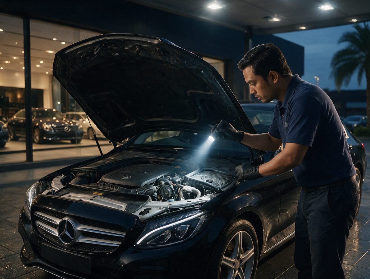 An inspector lights the engine bay of a black Mercedes C-Class with a torch