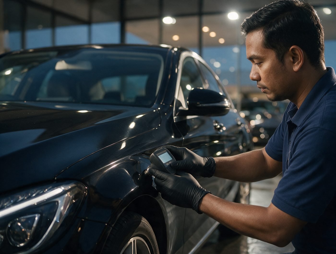 A gloved inspector holds a paint thickness gauge against the front fender of a black Mercedes C-Class
