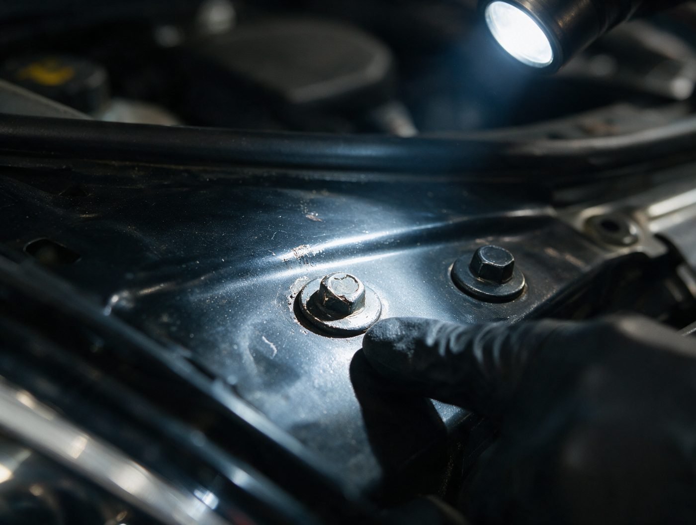 A gloved finger points at a fender bolt with its paint chipped by a spanner, beside an untouched bolt